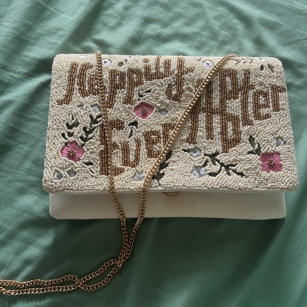 Embroidered Cream and Pink Clutch